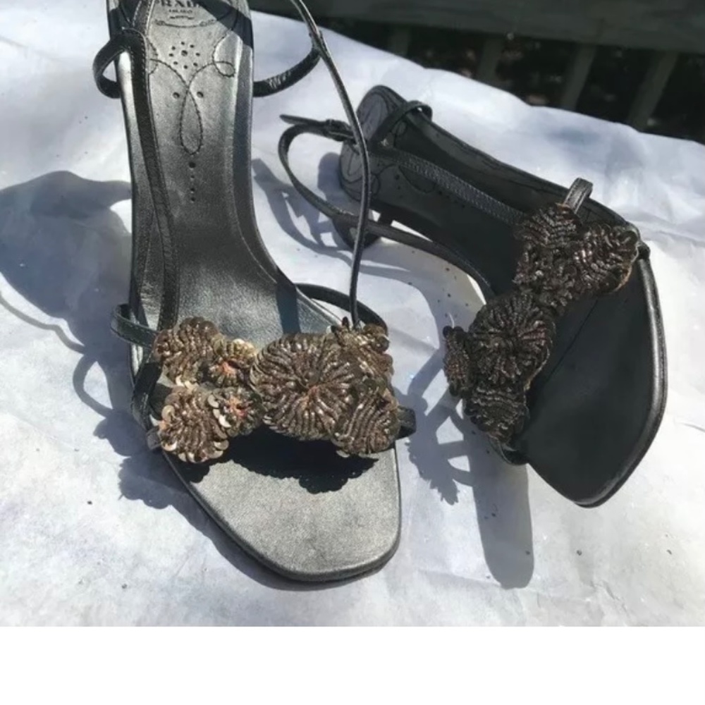 Prada Leather Beaded Heeled Sandals sz 7.5 - Picture 3 of 10